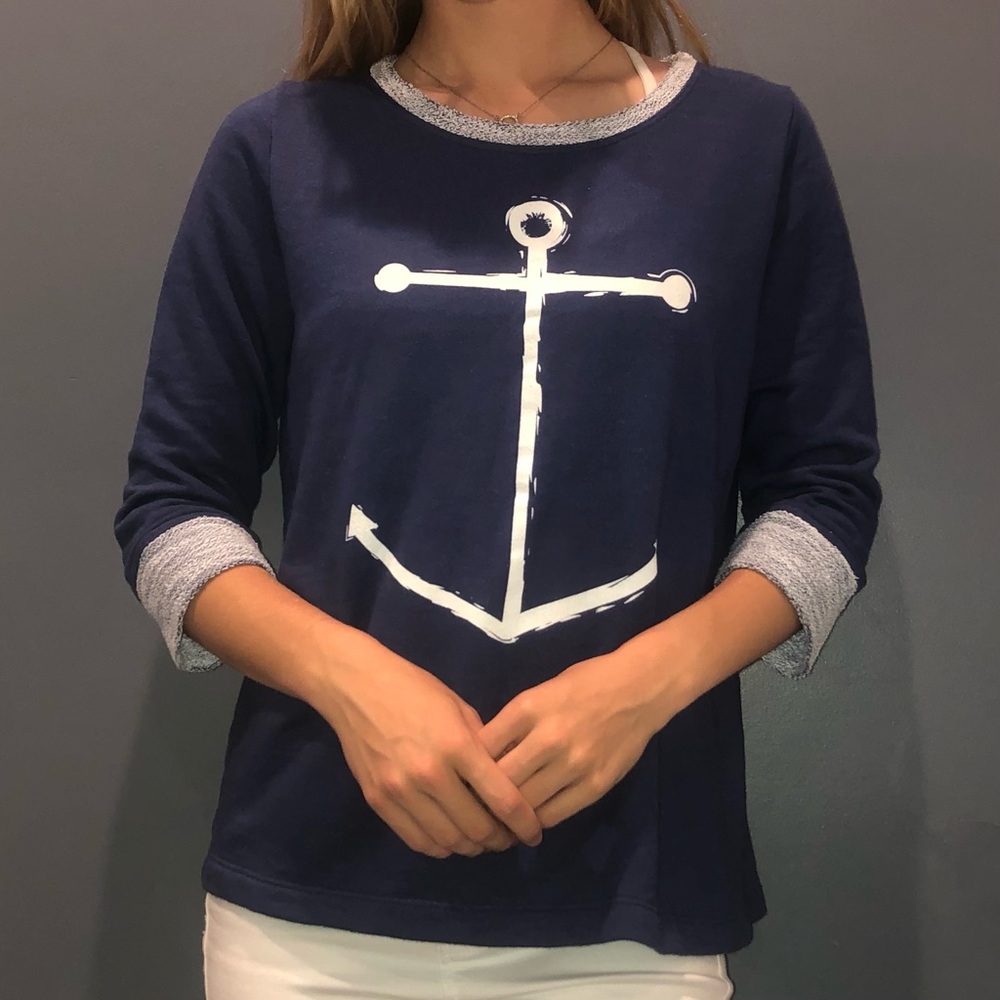 NWT Fresh Produce 3/4 sleeve anchor sunset sweater terry lined navy